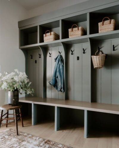 Modern mudroom with green walls, hooks, woven baskets, and decorative flowers on a stool.